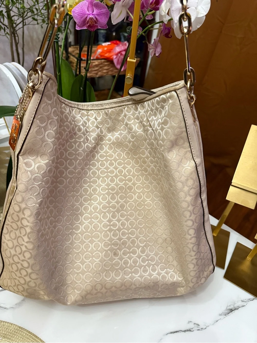 Coach Cream Jacquard Hobo Bag with Gold Hardware